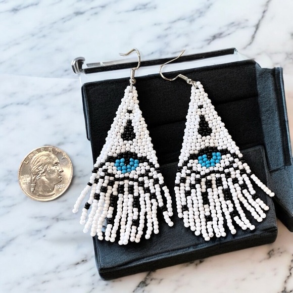 Evil Eye Seed Bead Fringe Earrings: Boho Dangle Earrings Handcrafted White Blue - Picture 17 of 17